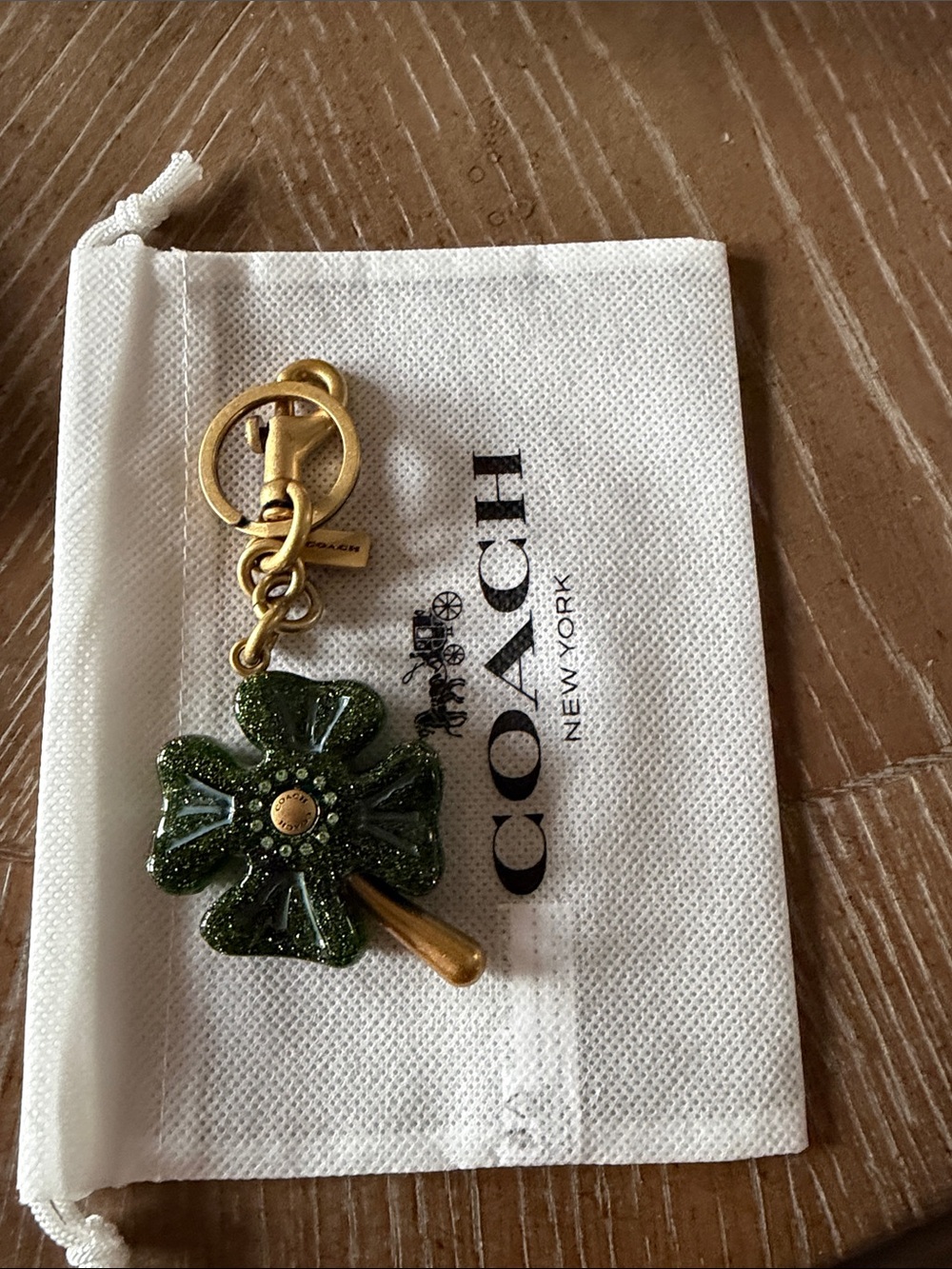 Coach Green Glitter Four-Leaf Clover Key Charm with Gold Hardware